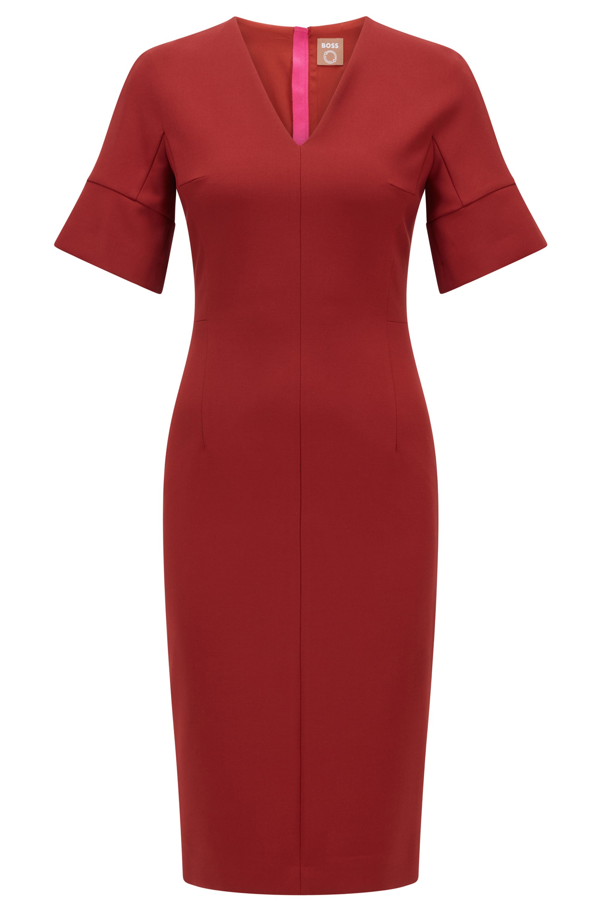 Slim-fit business dress with V neckline, Dark Red