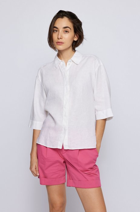 Relaxed-fit blouse in pure linen with concealed placket, White