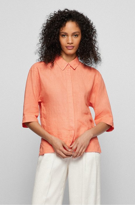 Relaxed-fit blouse in pure linen with concealed placket, Light Red