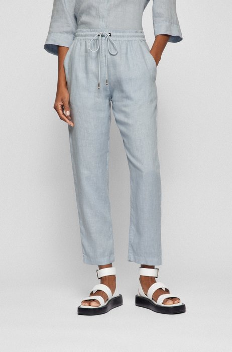Regular-fit tracksuit bottoms in linen with tapered leg, Light Blue