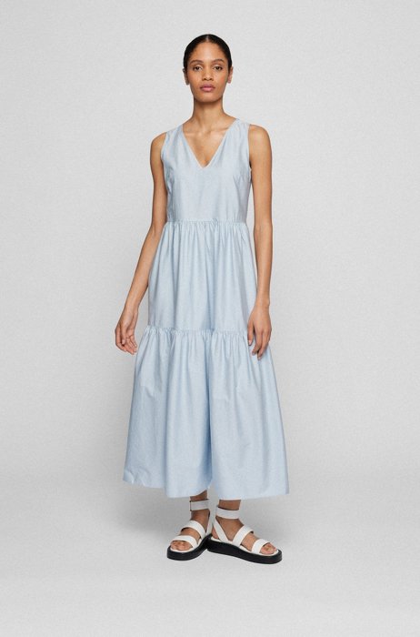 Sleeveless tiered dress in stretch-cotton poplin, Light Blue