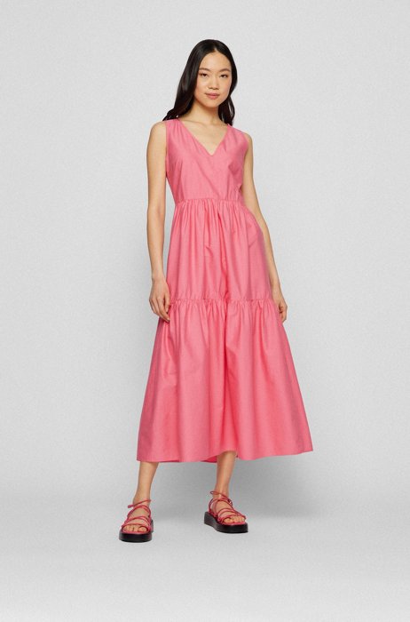 Sleeveless tiered dress in stretch-cotton poplin, Pink