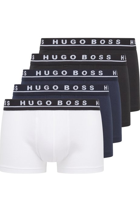 Paquete de cinco calzoncillos de algodón elástico con logos en la cintura, Negro / Blanco / Azul