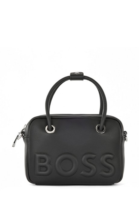 Crossbody bag in faux leather with raised logo, Black