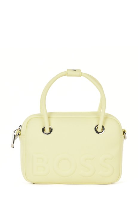 Crossbody bag in faux leather with raised logo, Light Yellow