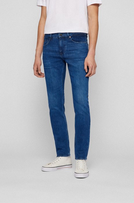 Slim-fit jeans van donkerblauw zacht washed denim, Donkerblauw