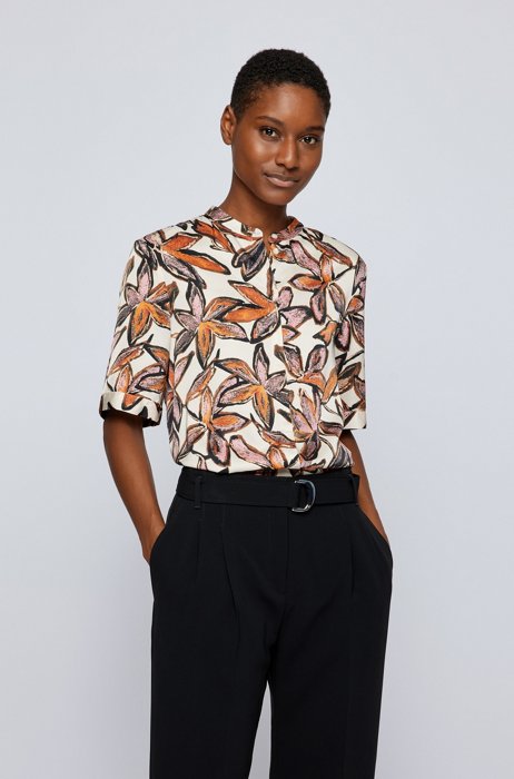 Collarless relaxed-fit blouse with seasonal print, Patterned