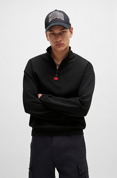 Relaxed-fit zip-neck sweatshirt in French terry cotton, Black