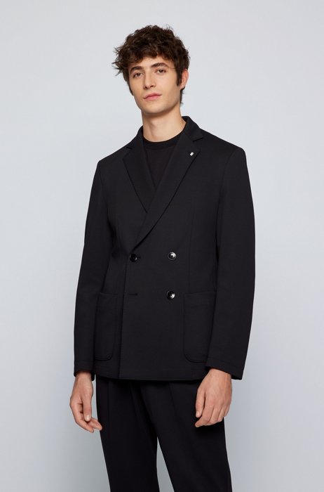 Double-breasted slim-fit jacket in stretch jersey, Black