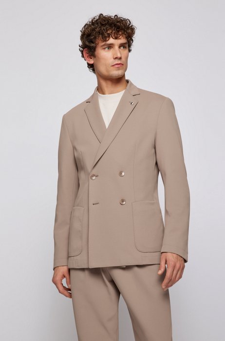 Double-breasted slim-fit jacket in stretch jersey, Beige