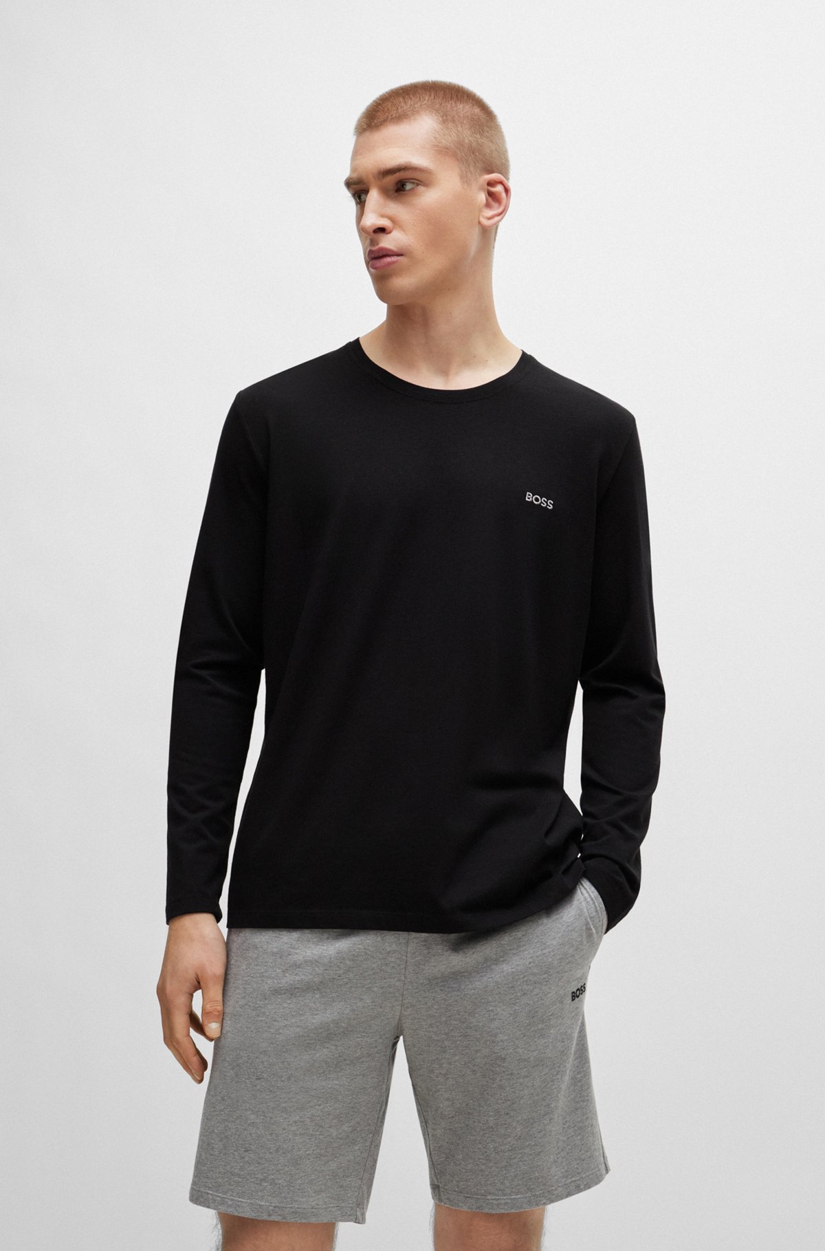 Camiseta regular fit en algodón elástico con logo bordado, Negro