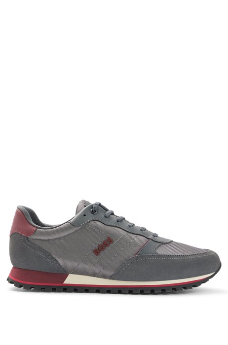 Running-style trainers in mixed materials with raised logo, Grey