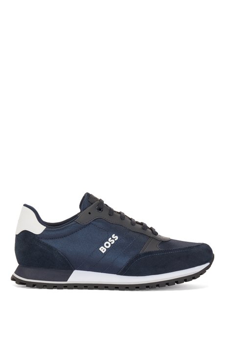 Running-style trainers in mixed materials with raised logo, Dark Blue