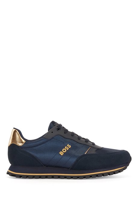 Sneakers stile runner in materiali misti con logo in rilievo, Blu scuro