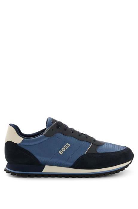 Running-style trainers in mixed materials with raised logo, Black/Blue