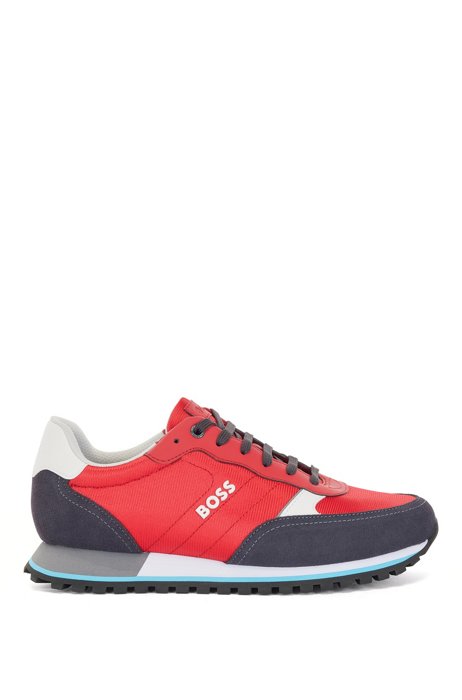 Running-style trainers in mixed materials with raised logo, Red