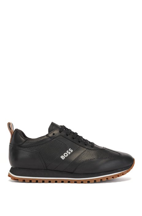 Low-top trainers in leather with perforated details, Black