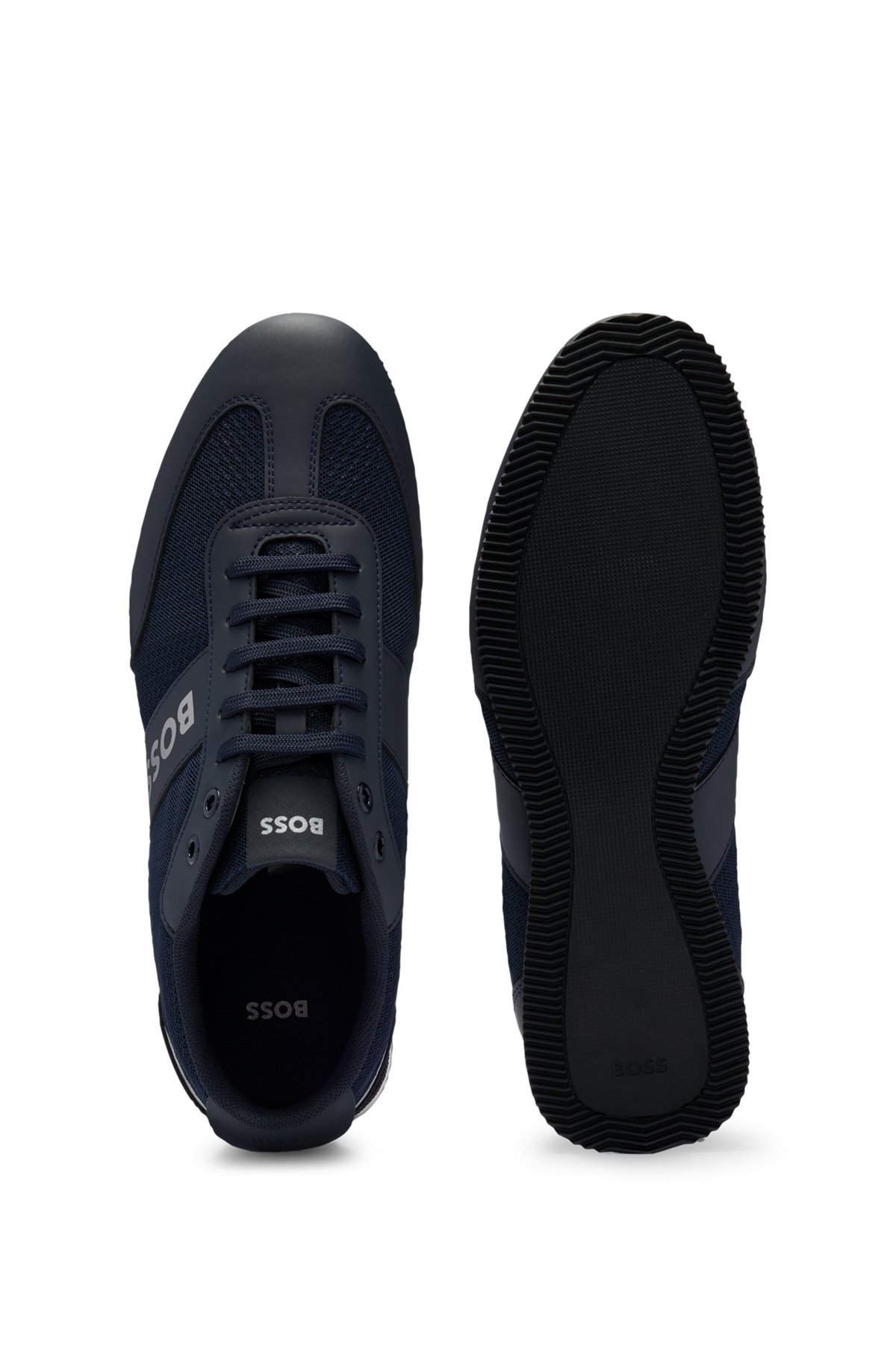 Branded trainers with mesh and rubberised panels, Dark Blue