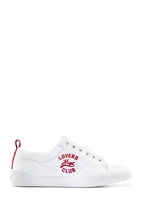Lace-up trainers with recycled uppers and collection print, White