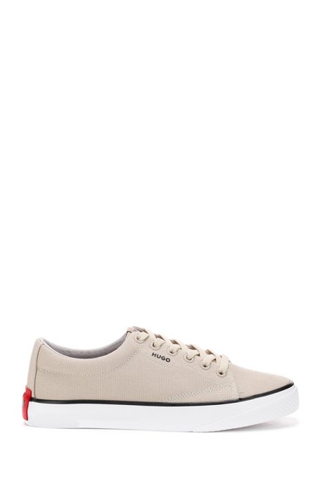 Low-top trainers in cotton canvas with red logo patch, Light Beige