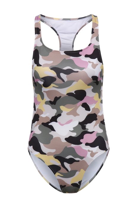 Camouflage-motif swimsuit with printed logo, Patterned