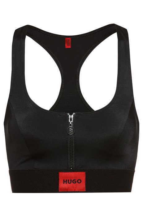 Racerback zip-up bikini top with red logo label, Black