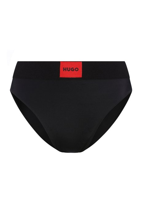 Bikinibroekje met hoge taille en rood logolabel, Zwart