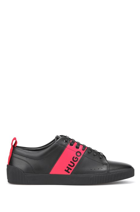 Leather trainers with red logo stripe, Black