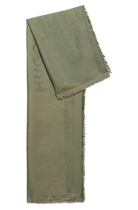 Fringed logo scarf in modal and wool, Khaki