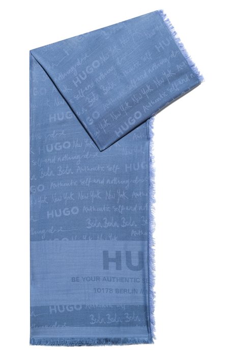 Fringed logo scarf in modal and wool, Blue