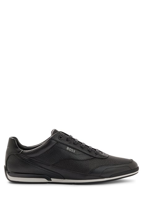 Low-top trainers in perforated and grained leather, Black