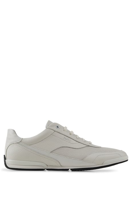 Low-top trainers in perforated and grained leather, White