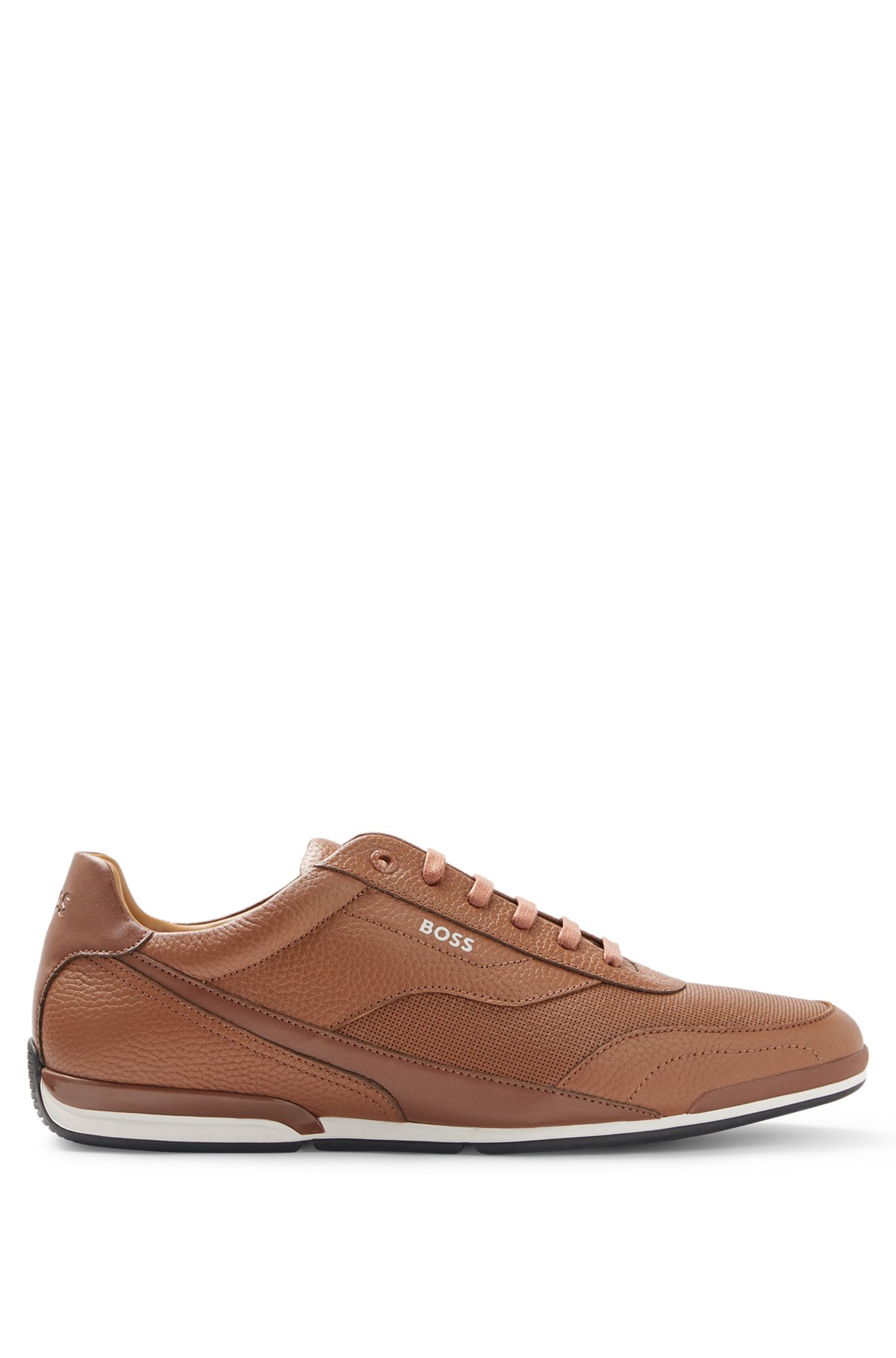 Low-top trainers in perforated and grained leather, Brown