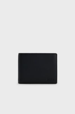 Trifold wallet in micro-grained leather with embossed logo, Black