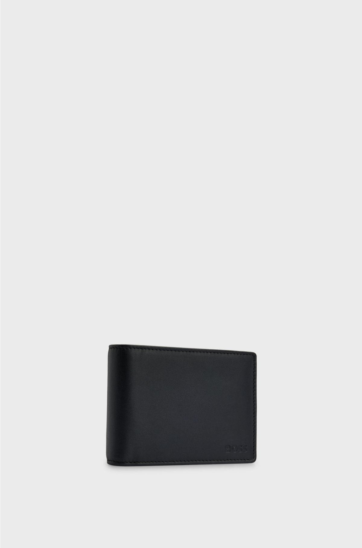 Leather trifold wallet with embossed logo and coin pocket, Black