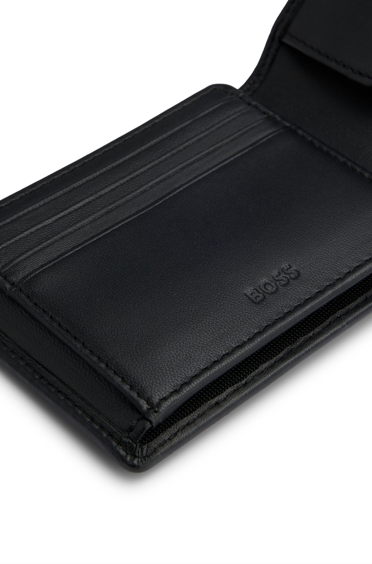 Leather trifold wallet with embossed logo and coin pocket, Black