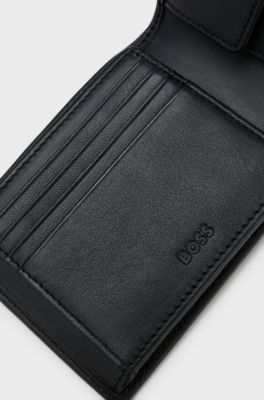 Trifold wallet in micro-grained leather with embossed logo, Black