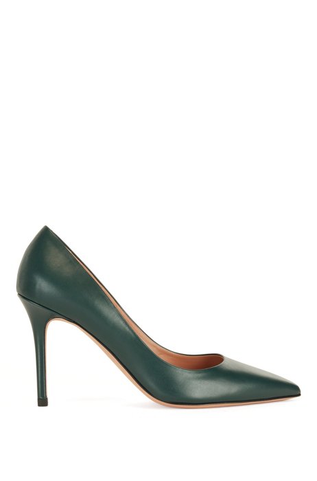 Heeled pumps in Italian leather with pointed toe, Dark Green
