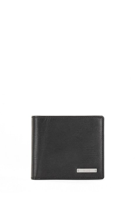 Italian-leather wallet with silver-tone logo plate, Black