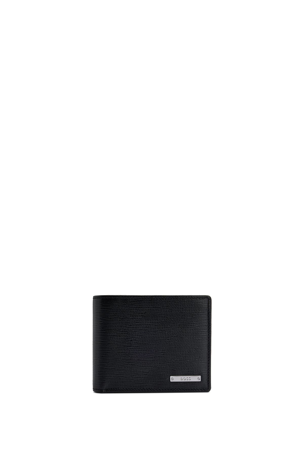 Klapp-Geldbörse aus geprägtem italienischem Leder mit Logo-Applikation, Schwarz