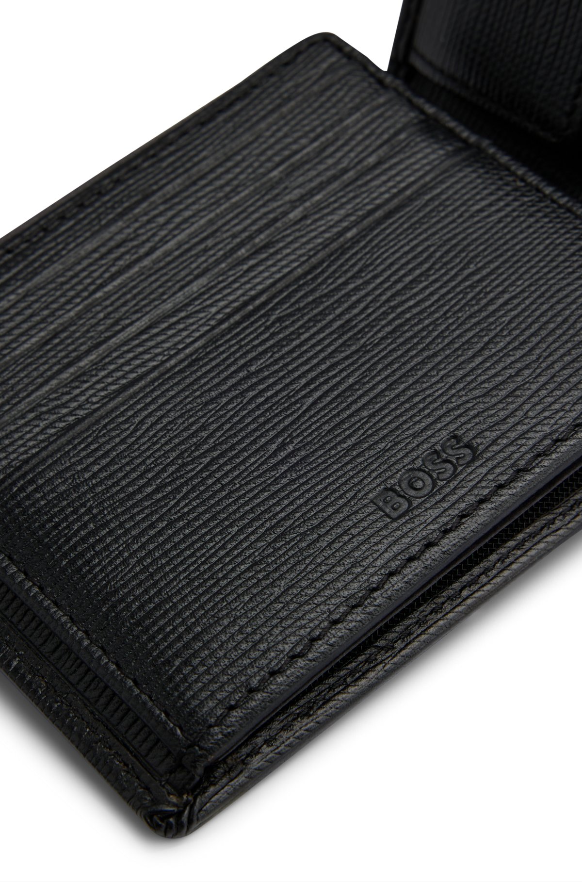 Embossed Italian-leather trifold wallet with logo plate, Black