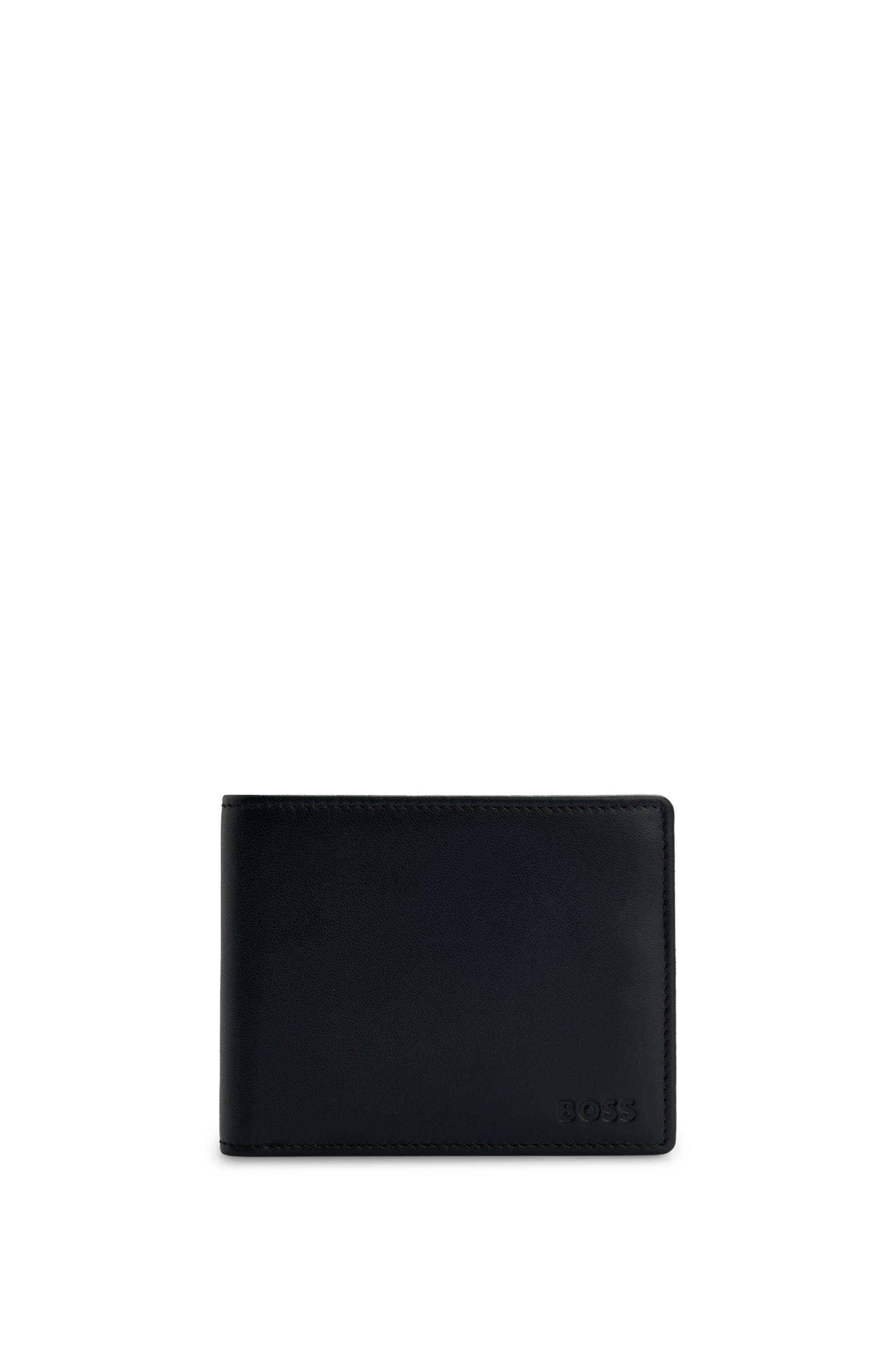 Leather billfold wallet with embossed logo and coin pocket, Black