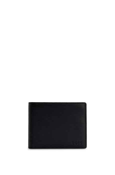 Portafoglio bi-fold in pelle con taschino portamonete e logo in rilievo, Nero