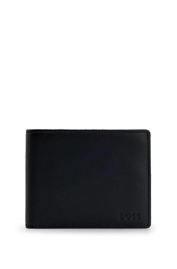 Leather billfold wallet with embossed logo and coin pocket, Black