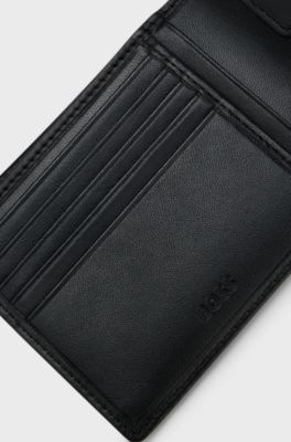 Portefeuille &agrave; deux volets en cuir grain&eacute; avec logo en relief, Noir