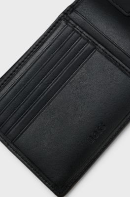 Bifold wallet in grained leather with embossed logo, Black