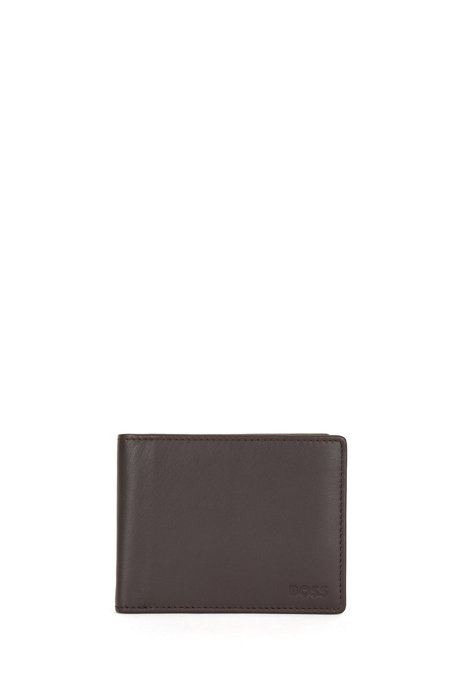 Leather billfold wallet with embossed logo and coin pocket, Dark Brown