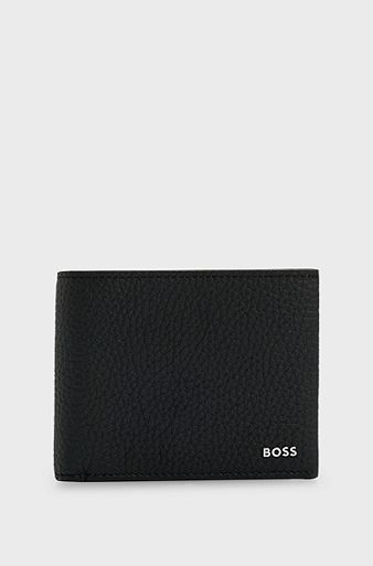 Italian-leather wallet with polished-silver branding, Black