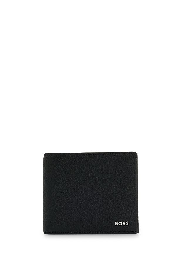 Italian-leather wallet with silver-hardware logo, Black