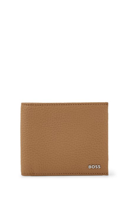 Italian-leather wallet with silver-hardware logo, Light Brown